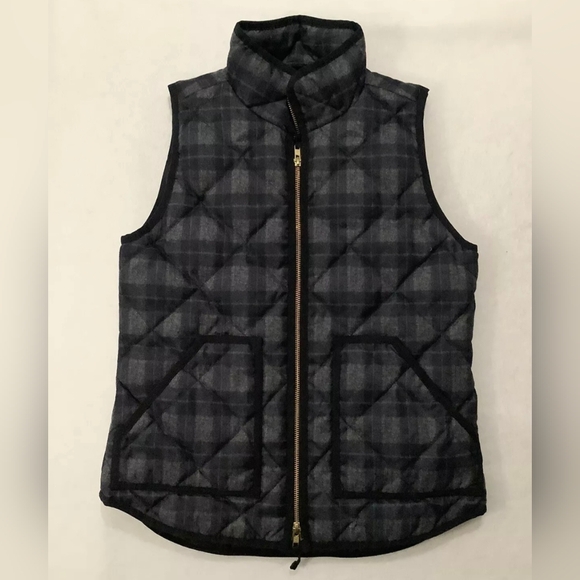 Ladies J. Crew Downs Puffer Vest Buffalo Plaid W/Black Trim LRG Zip Front - Picture 2 of 9